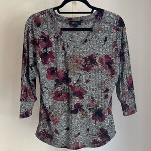 BCX Gray Ribbed Floral Print 3/4 Sleeve Sweater, Small